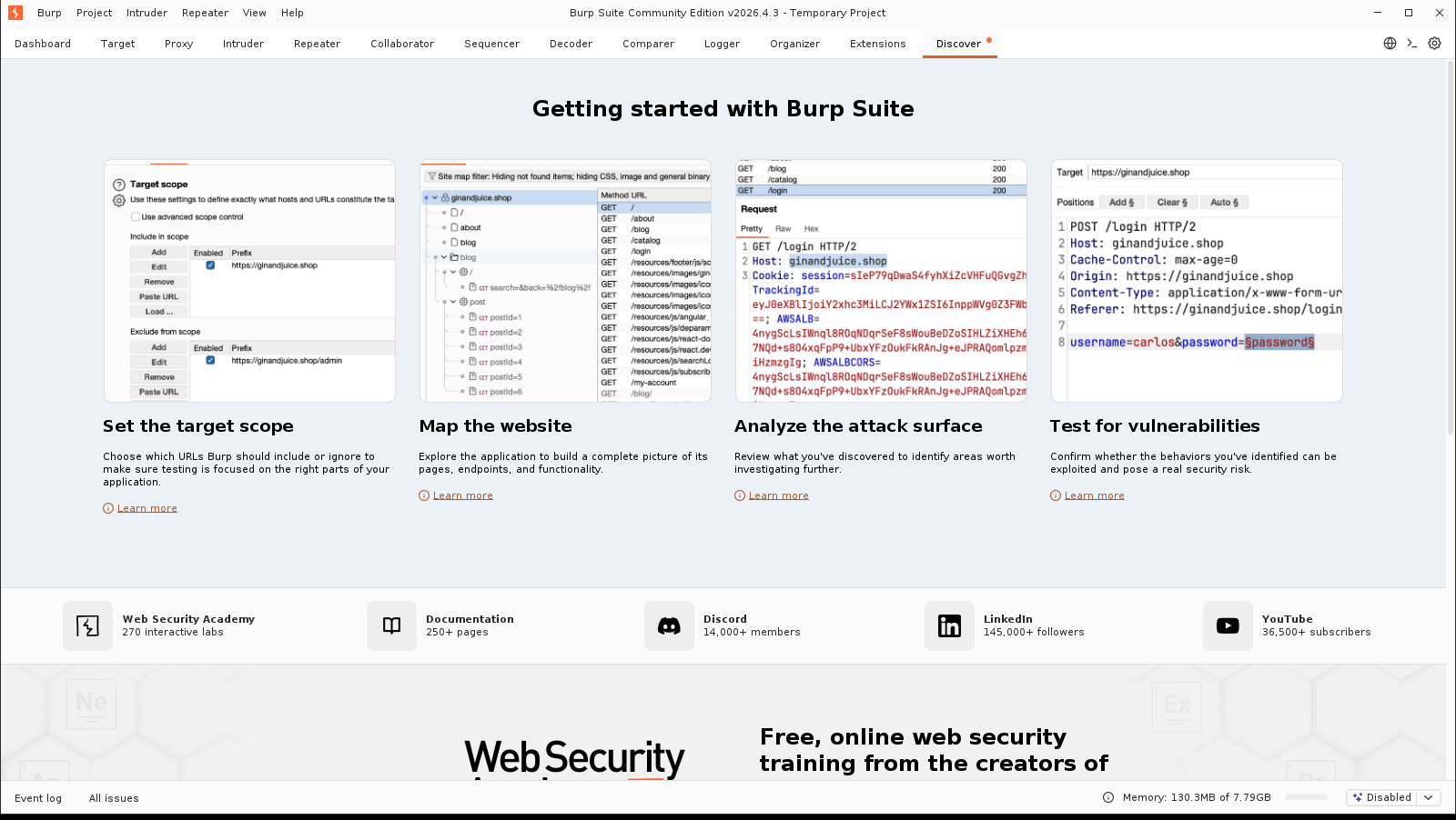 Πραγματικό screenshot: το κεντρικό περιβάλλον του Burp Suite Community 2026.4.3 να τρέχει μέσα στον εικονικό framebuffer Xvfb, με ορατή τη μπάρα εργαλείων (Proxy, Intruder, Repeater, Decoder, Comparer, Sequencer)
