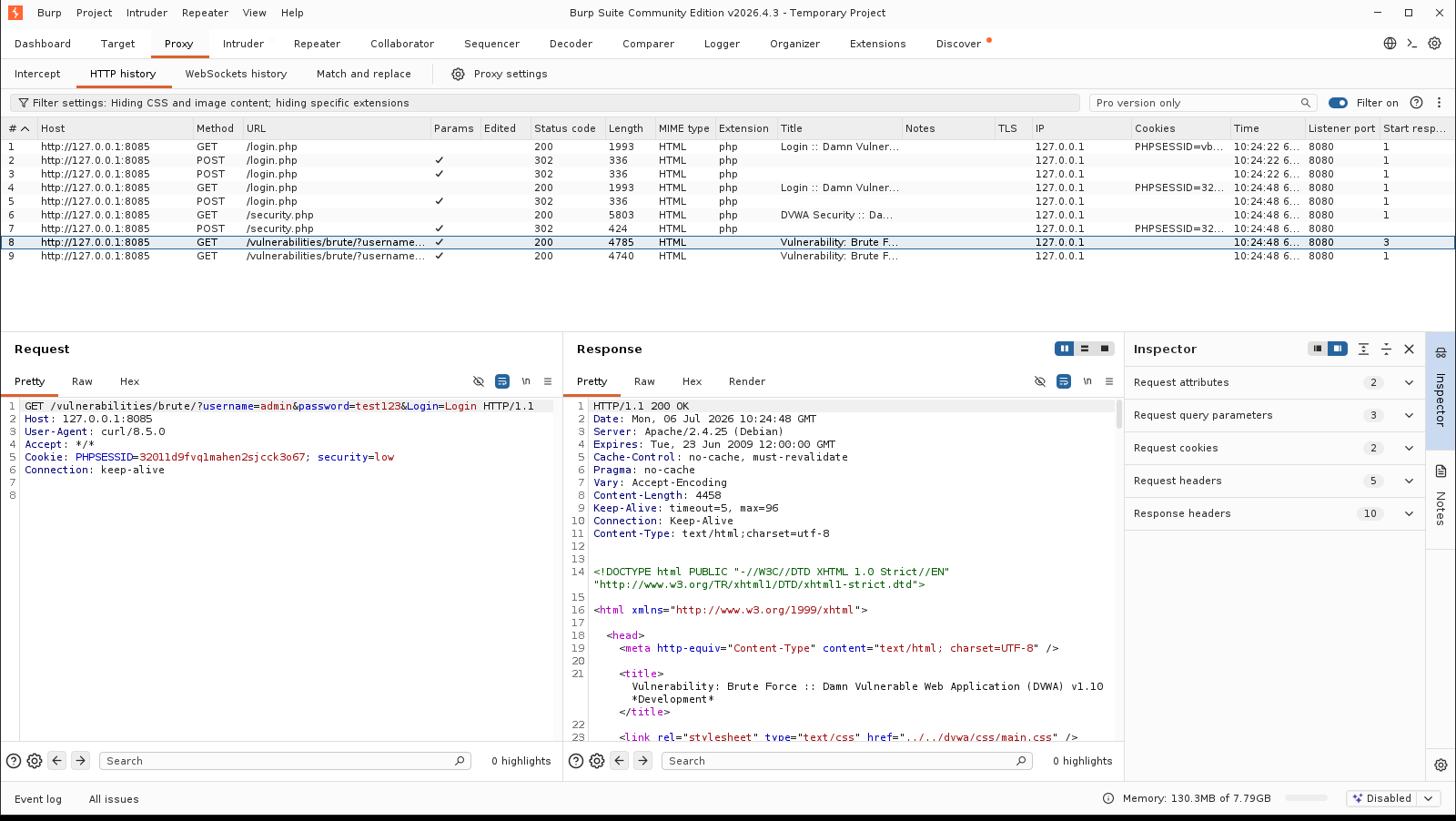 Πραγματικό screenshot: Proxy → HTTP history με το αίτημα brute force επιλεγμένο, request και response στο κάτω panel