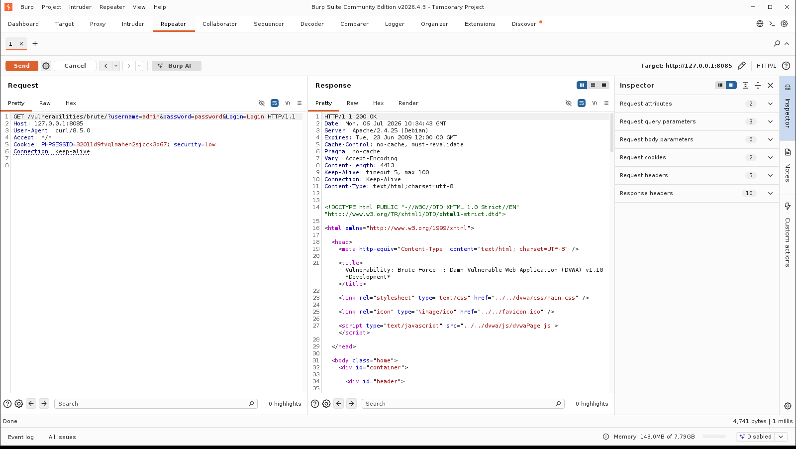 Πραγματικό screenshot: Repeater με τροποποιημένη την παράμετρο password=password και την επιτυχημένη απόκριση (Content-Length 4413)