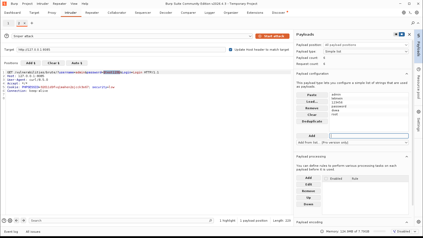 Πραγματικό screenshot: Intruder → Payloads με τη Simple list των έξι κωδικών (Payload count 6)