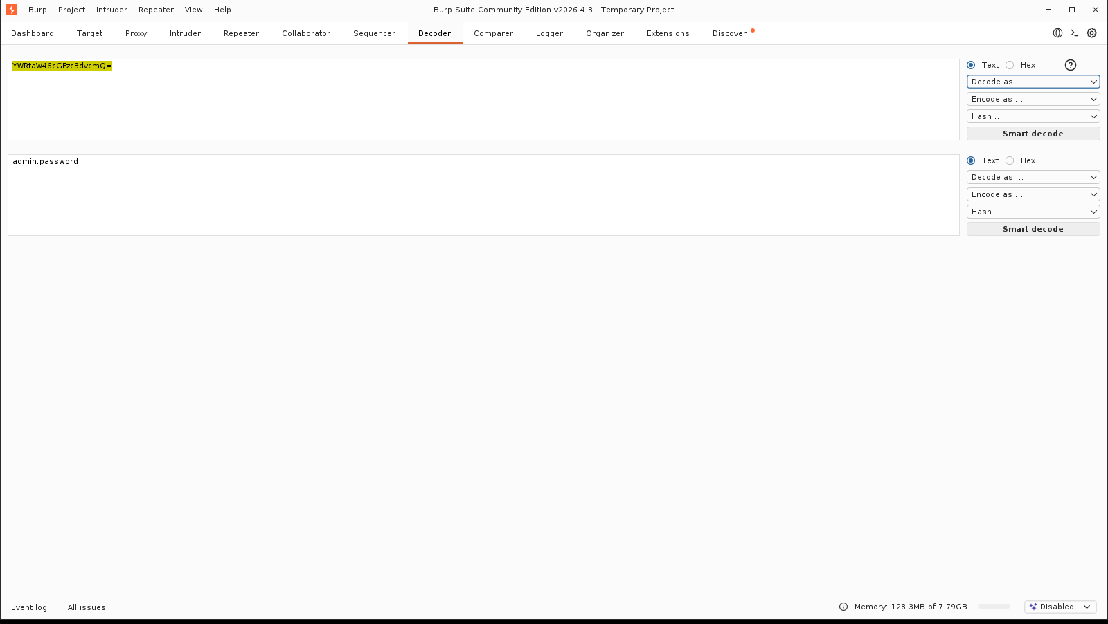 Πραγματικό screenshot: ο Decoder αποκωδικοποιεί το Base64 YWRtaW46cGFzc3dvcmQ= σε admin:password