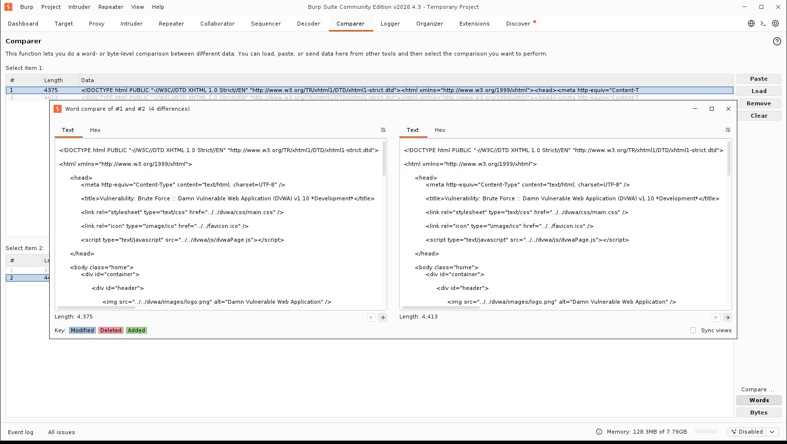 Πραγματικό screenshot: Comparer word-compare των δύο αποκρίσεων, με 4 διαφορές και υπόμνημα Modified/Deleted/Added