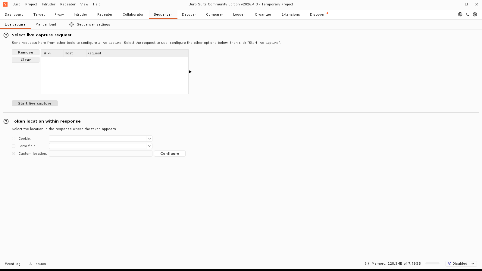 Πραγματικό screenshot: ο Sequencer, καρτέλα Live capture και ρύθμιση Token location within response