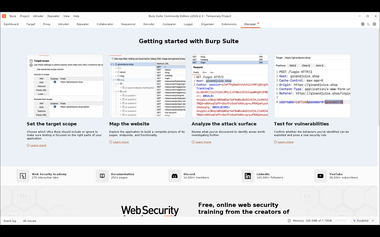 Πραγματικό screenshot: το κεντρικό περιβάλλον του Burp Suite Community 2026.4.3 (καρτέλα Getting started) να τρέχει μέσα στον εικονικό framebuffer Xvfb