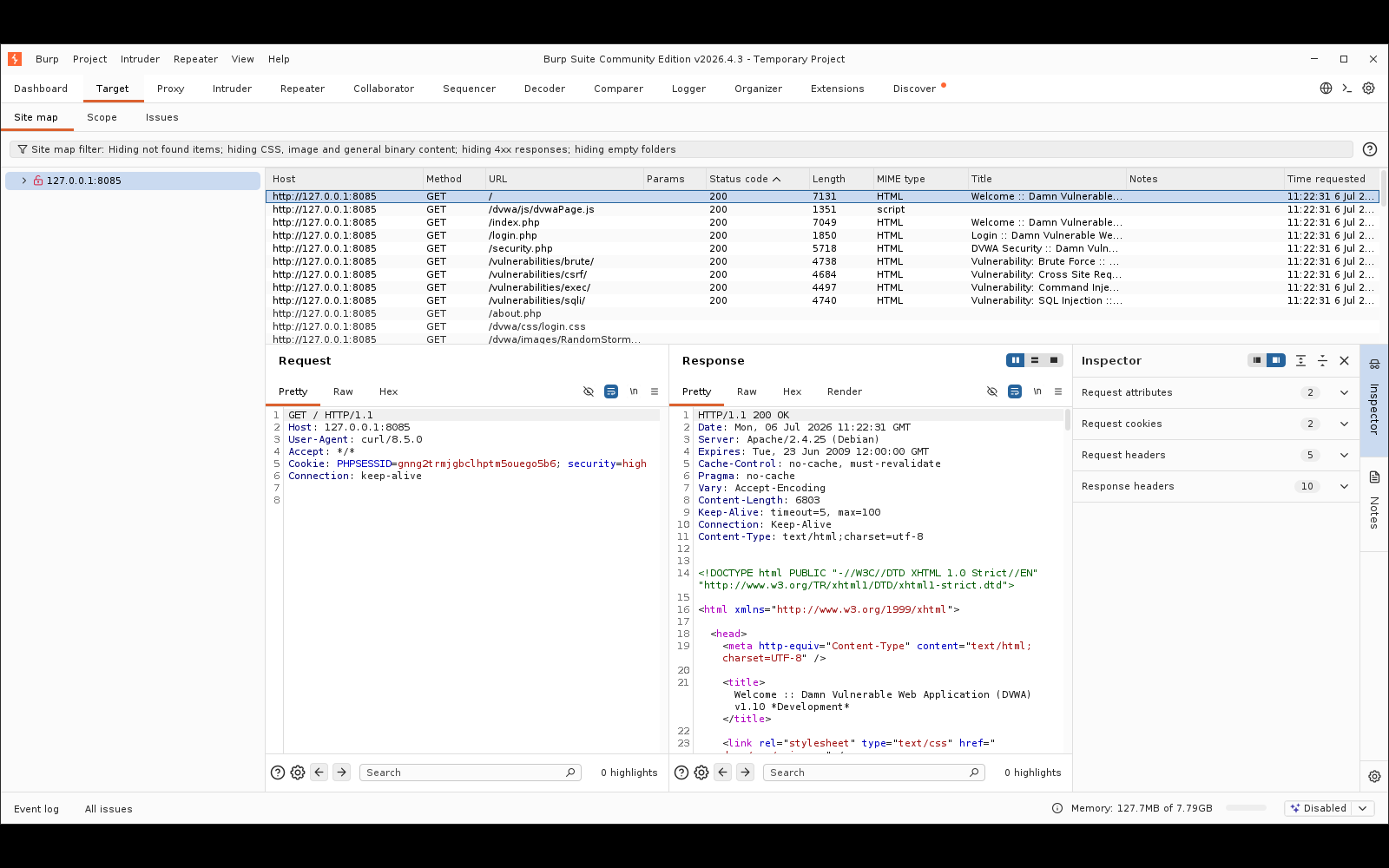 Πραγματικό screenshot: Target → Site map με το πλήρες δέντρο endpoints του DVWA (brute, csrf, sqli, exec) και το request/response στο κάτω panel