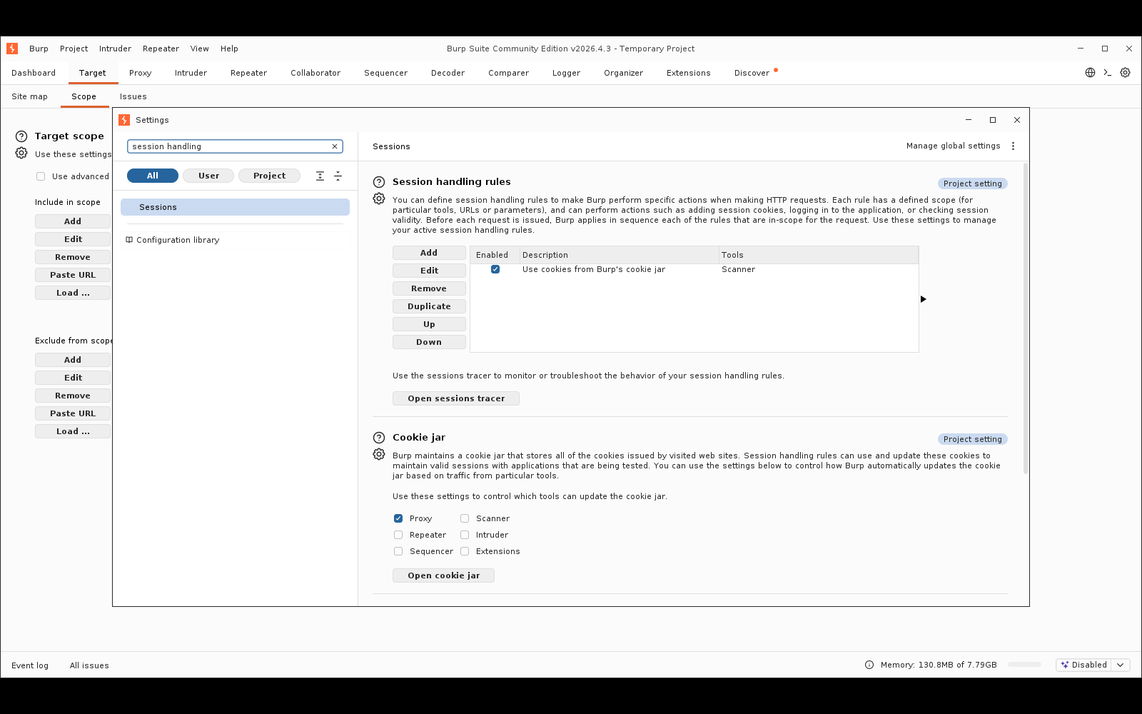 Πραγματικό screenshot: Settings → Sessions, ο πίνακας Session handling rules με τον προεπιλεγμένο κανόνα του cookie jar
