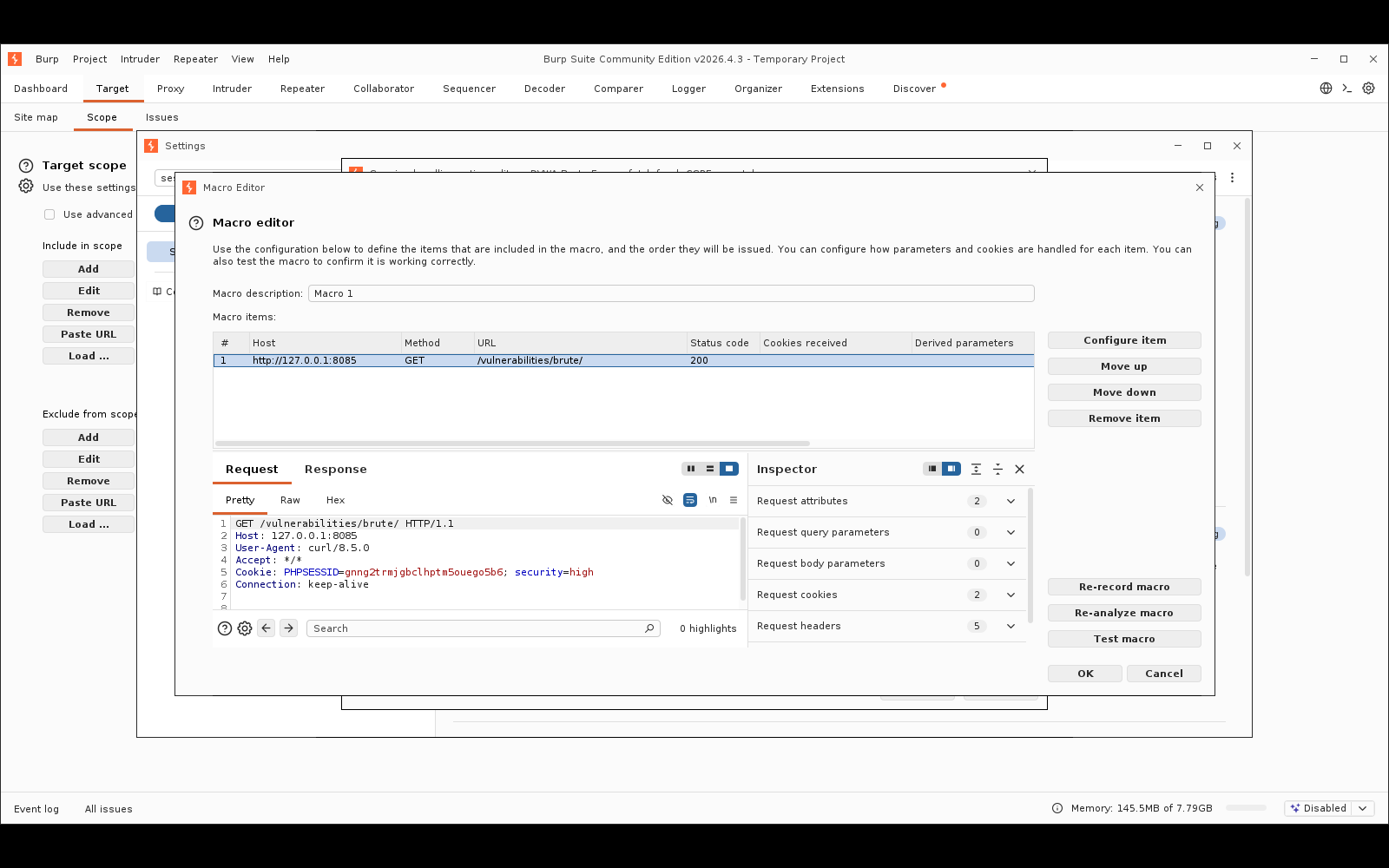 Πραγματικό screenshot: ο Macro Editor με το μοναδικό βήμα GET /vulnerabilities/brute/ και τη στήλη Derived parameters