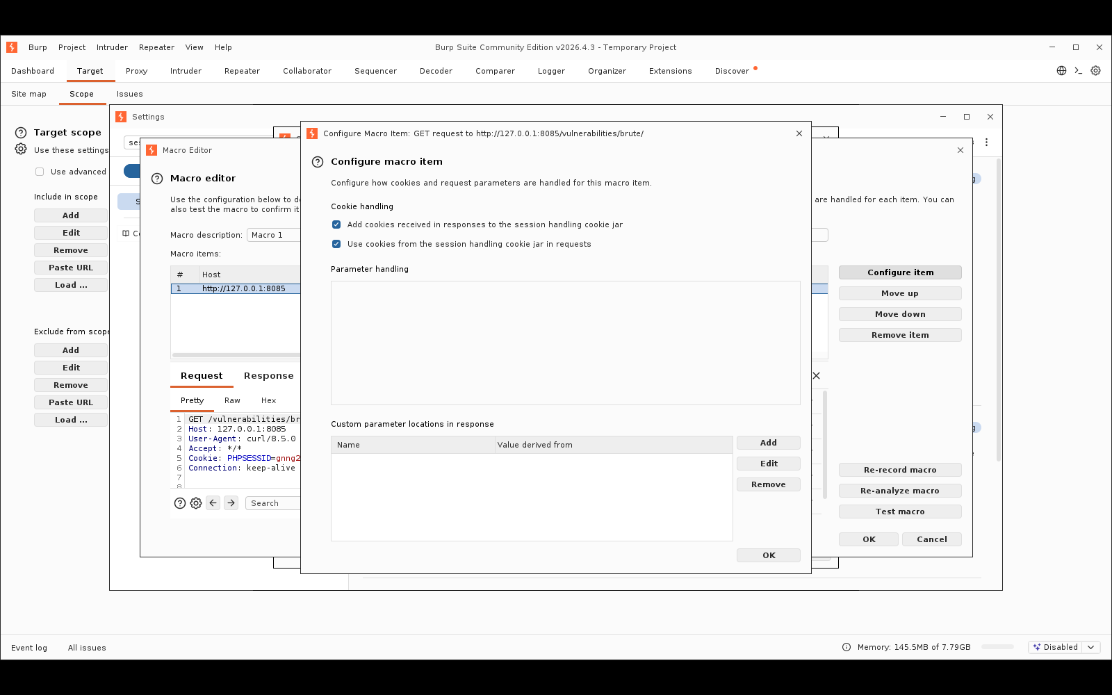 Πραγματικό screenshot: ο διάλογος Configure macro item, με την ενότητα Custom parameter locations in response
