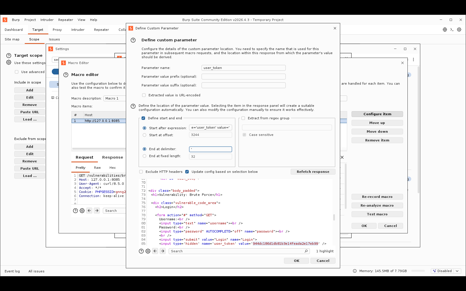 Πραγματικό screenshot: ο ορισμός custom parameter «user_token», με start/end delimiters, και η απόκριση να επισημαίνει το πραγματικό 32-ψήφιο token