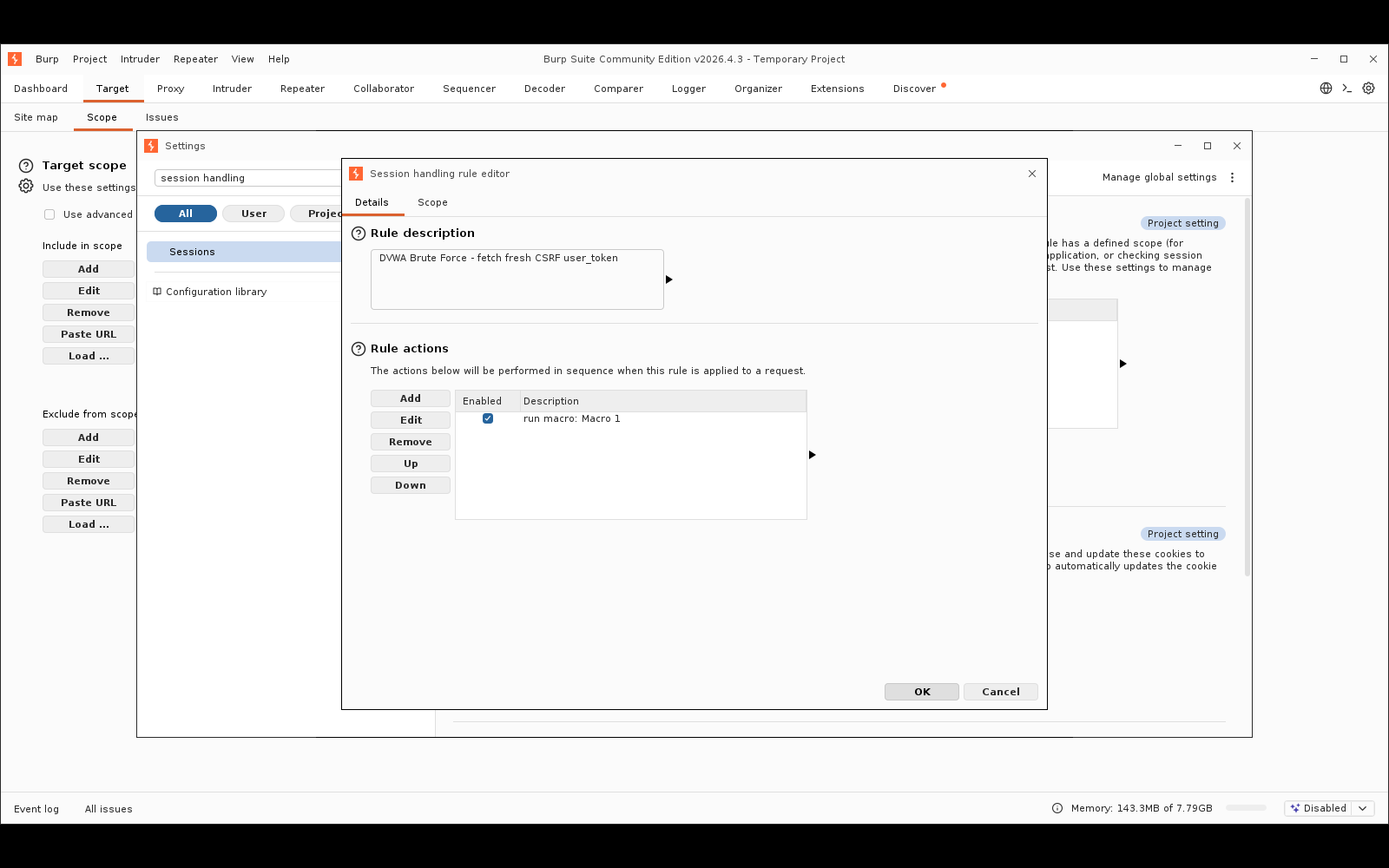 Πραγματικό screenshot: ο session handling rule με την ενέργεια «run macro: Macro 1»