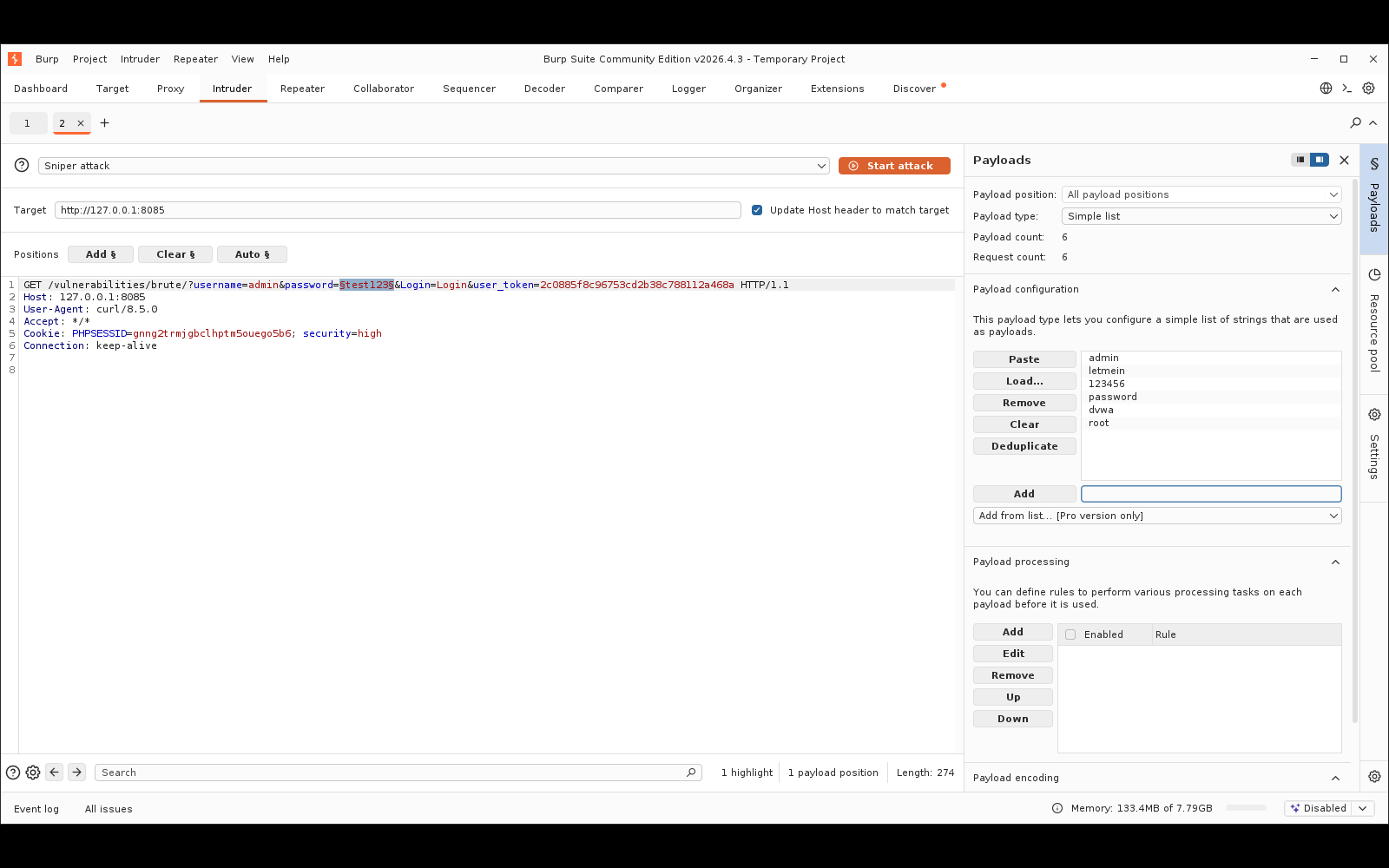 Πραγματικό screenshot: Intruder Positions, με τη θέση payload μόνο στο password (§test123§), το user_token ανέγγιχτο, και το wordlist των 6 κωδικών