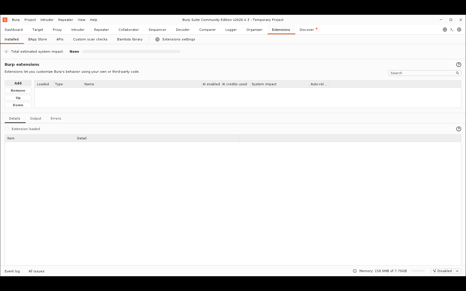 Πραγματικό screenshot: η καρτέλα Extensions → Installed, με τα subtabs Installed, BApp Store, APIs, Custom scan checks, Bambda library