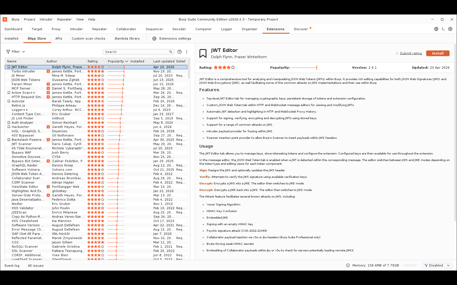 Πραγματικό screenshot: το BApp Store με δεκάδες extensions (JWT Editor, Turbo Intruder, Param Miner, Autorize, Logger++, Active Scan++ κ.ά.) και το detail panel του JWT Editor