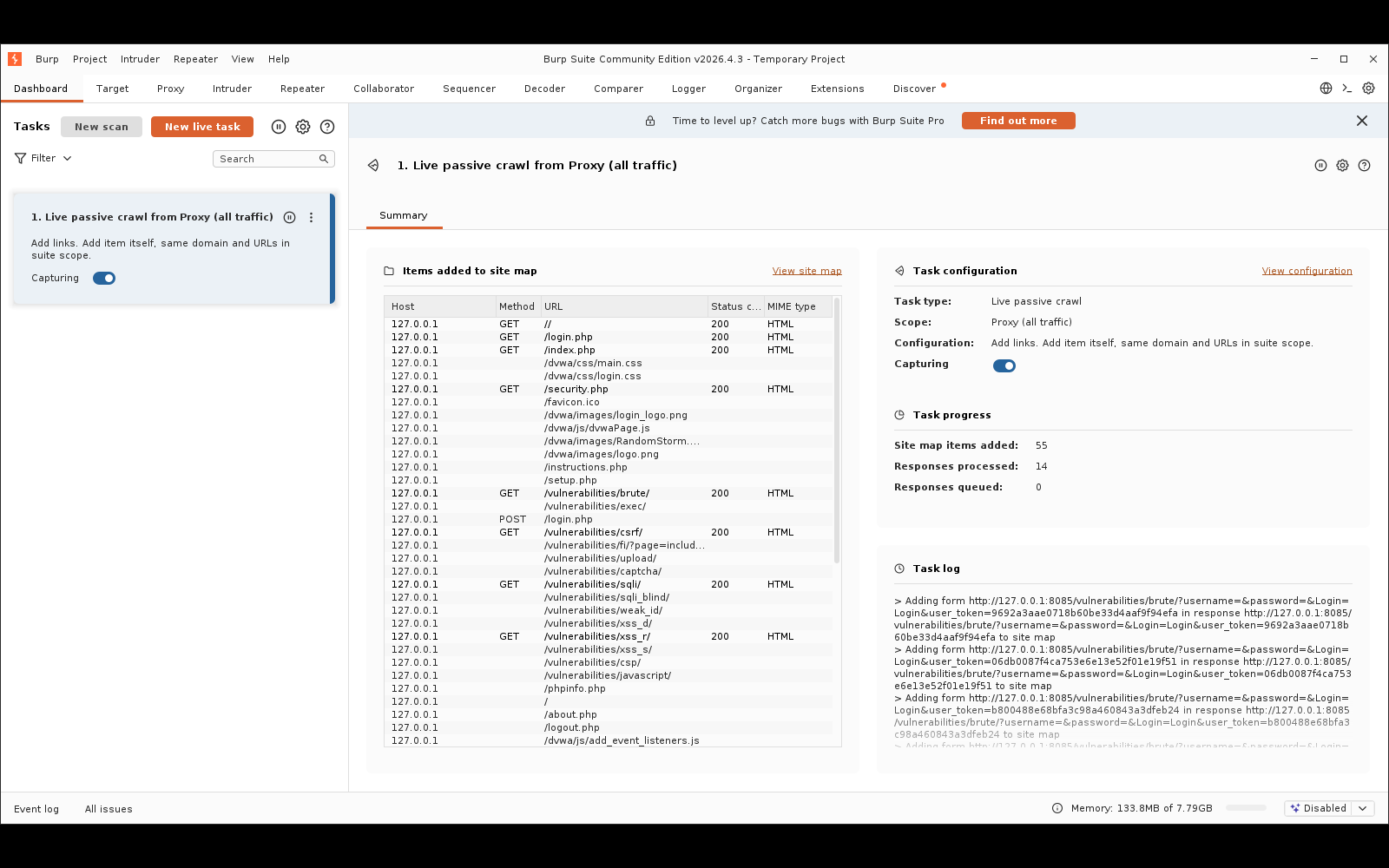 Πραγματικό screenshot: το Dashboard του Burp Community με το task «Live passive crawl from Proxy (all traffic)» να χτίζει παθητικά το site map — 55 items, 14 αποκρίσεις, 0 errors
