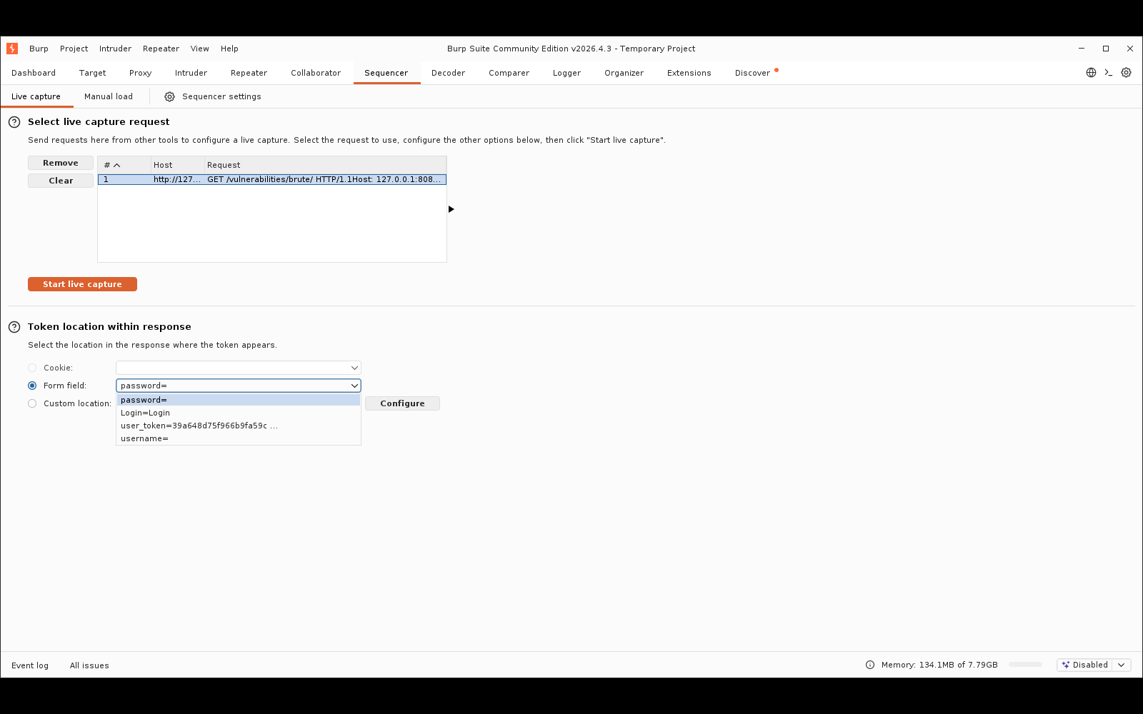 Πραγματικό screenshot: το dropdown «Form field» του Sequencer με τα αυτο-ανιχνευμένα πεδία — ξεχωρίζει το user_token με πραγματική τιμή