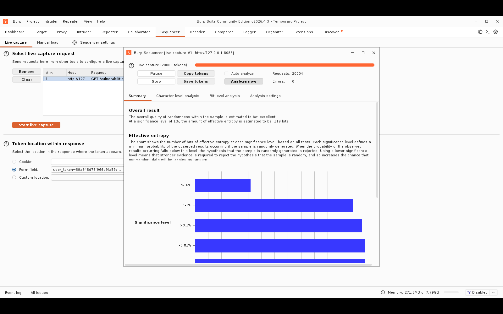 Πραγματικό screenshot: το Summary της ανάλυσης του Sequencer — «excellent» ποιότητα τυχαιότητας, 119 bits effective entropy, με το γράφημα effective entropy ανά significance level