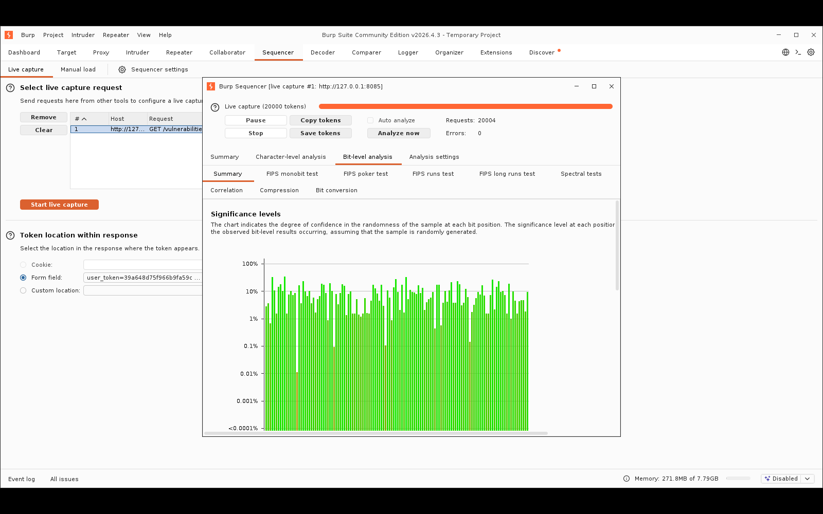 Πραγματικό screenshot: Bit-level analysis — τα υπο-tabs FIPS monobit/poker/runs/long runs/spectral/correlation/compression, με το γράφημα significance level ανά bit position, όλα πράσινα