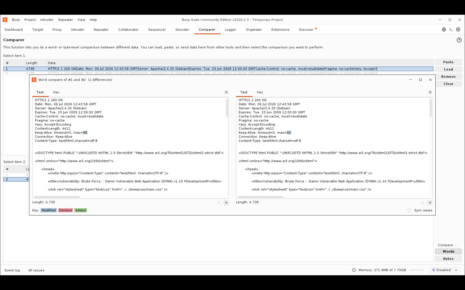 Πραγματικό screenshot: το παράθυρο Word compare του Comparer — «2 differences» με χρωματική επισήμανση Modified/Deleted/Added, side-by-side οι δύο αποκρίσεις