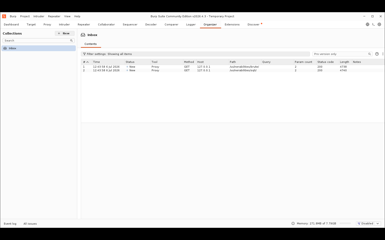 Πραγματικό screenshot: ο Organizer με δύο αποθηκευμένα αιτήματα (brute, sqli), στήλες Time/Tool/Method/Host/Path/Status/Notes για παρακολούθηση ευρημάτων