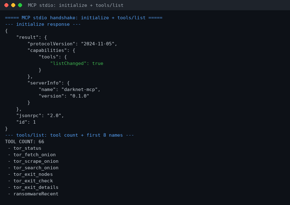 MCP handshake: σωστή απάντηση initialize και απαρίθμηση 66 εργαλείων μέσω tools/list
