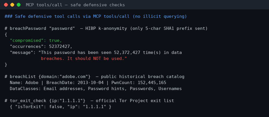Ασφαλείς αμυντικές κλήσεις: breachPassword (k-anonymity), breachList adobe.com, tor_exit_check
