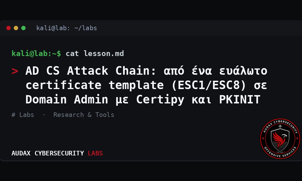 AD CS Attack Chain: από ένα ευάλωτο certificate template (ESC1/ESC8) σε Domain Admin με Certipy και PKINIT