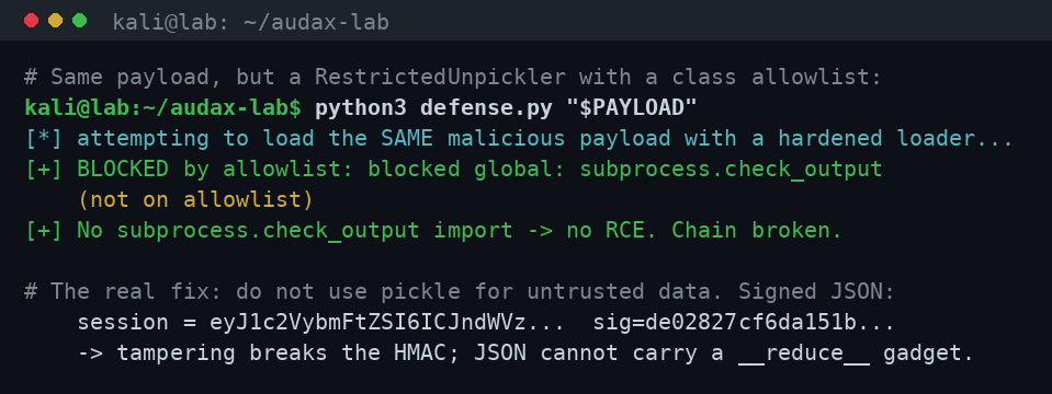 Άμυνα Python: allowlist Unpickler μπλοκάρει το ίδιο payload
