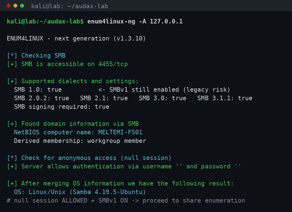 enum4linux-ng: dialects, null session, OS και όνομα υπολογιστή