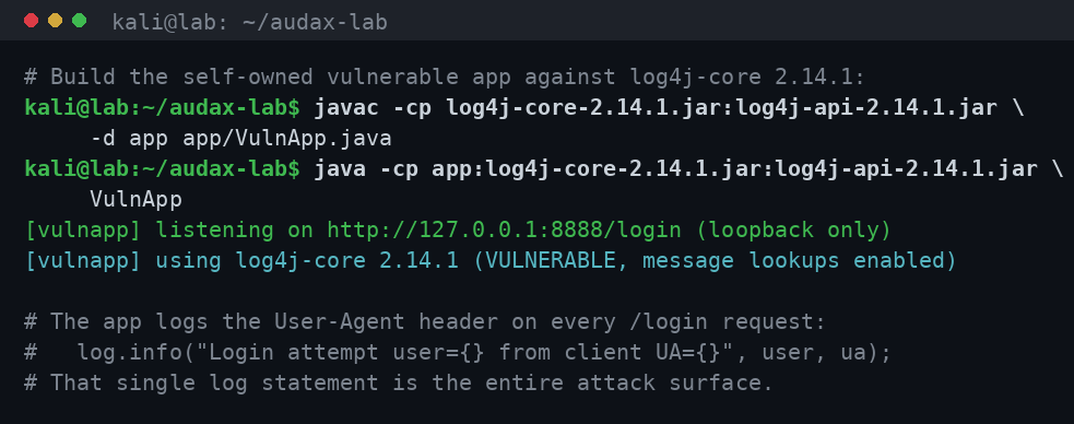Η ευάλωτη εφαρμογή τρέχει σε loopback με log4j 2.14.1