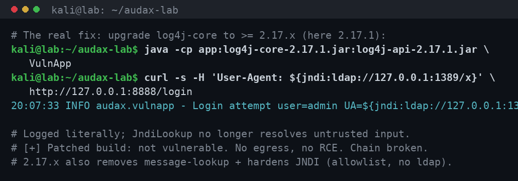 Patched log4j 2.17.1: το payload καταγράφεται κυριολεκτικά, χωρίς RCE