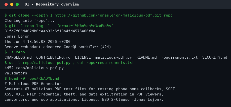 Το αποθετήριο malicious-pdf στο GitHub