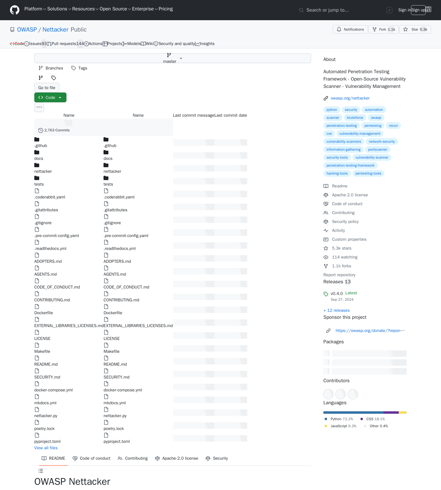 Το αποθετήριο του OWASP Nettacker στο GitHub: Apache-2.0, 5.3k αστέρια, 13 releases, κυρίως Python