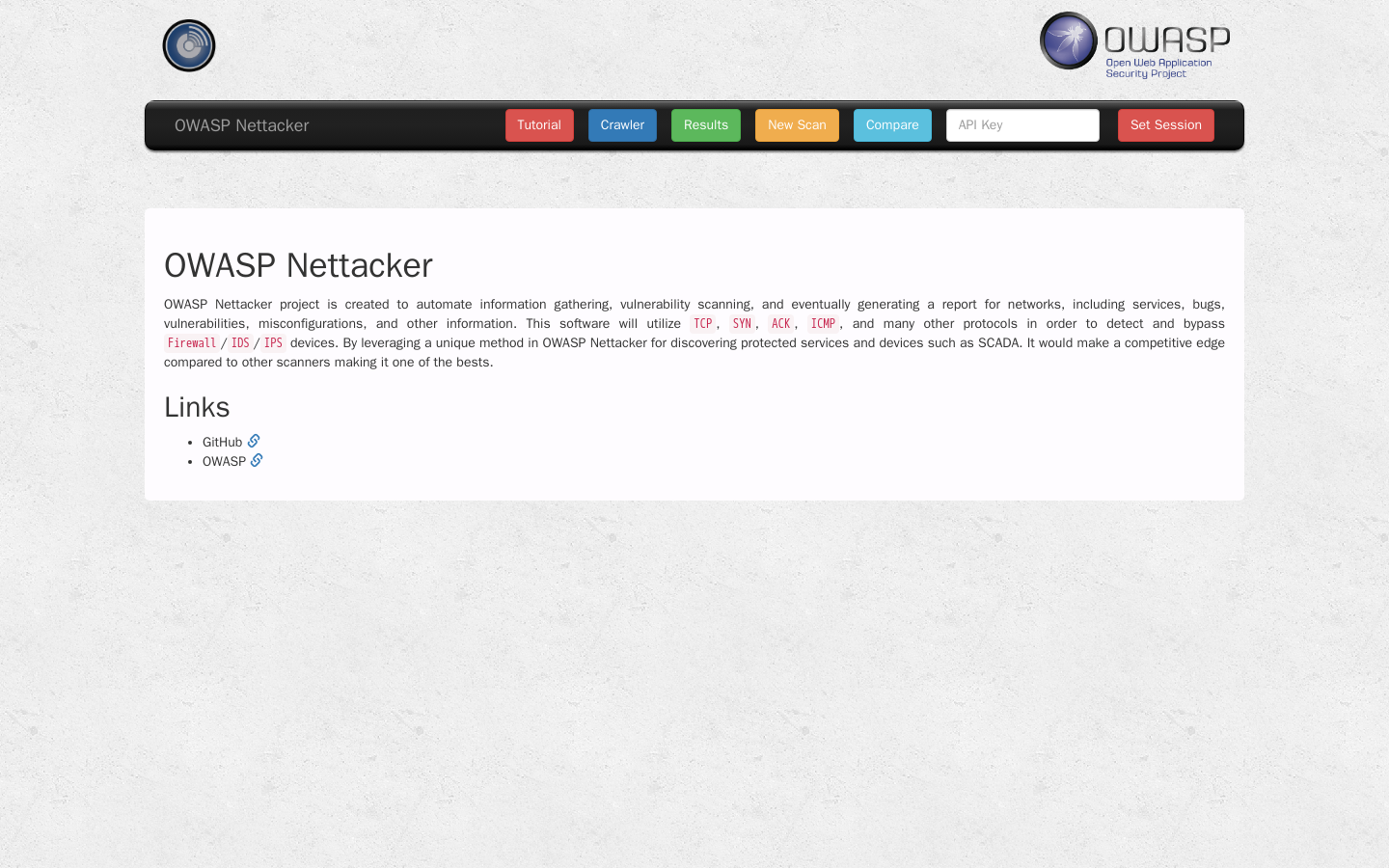 Η αρχική σελίδα του Web UI του Nettacker, με το πεδίο API Key και τη μπάρα πλοήγησης