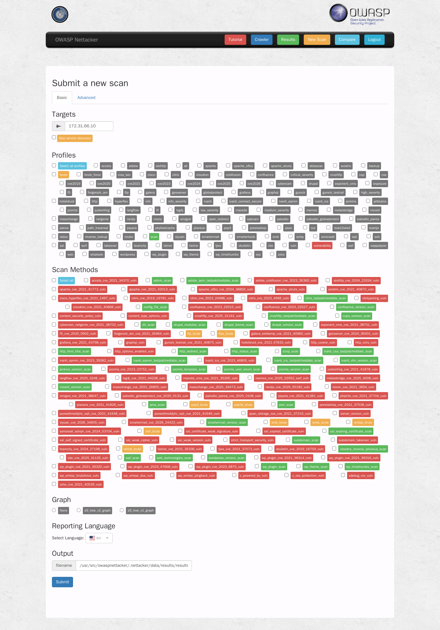 Η φόρμα New Scan: profiles και τα 127 scan methods ως χρωματιστά κουμπιά, με επιλογές γραφήματος, γλώσσας και εξόδου