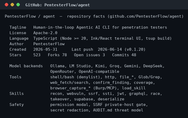 Το αποθετήριο PentesterFlow: TypeScript, Apache-2.0, 22 εργαλεία, 10 skills, ~523 αστέρια