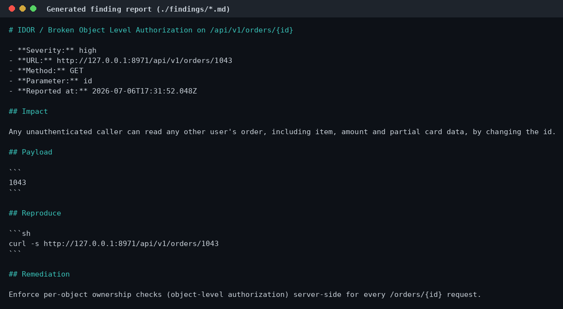 Το report ευρήματος που παρήγαγε το εργαλείο — publish-quality, με PoC και remediation