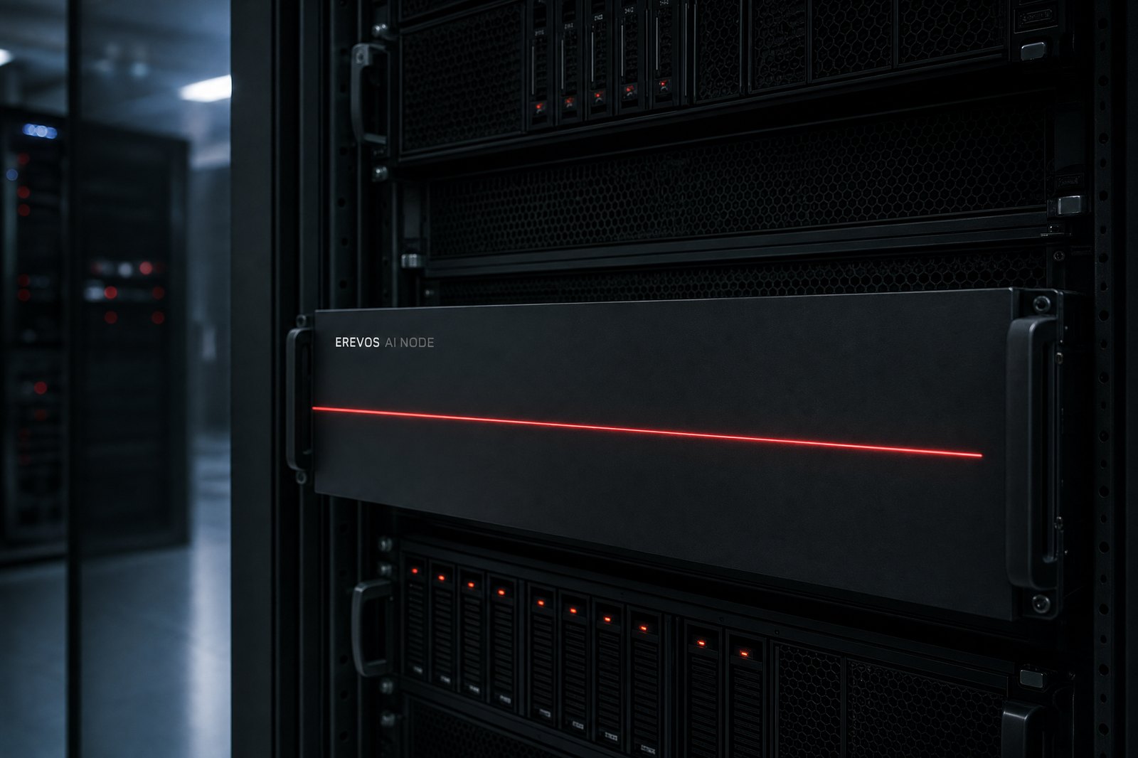 Erevos AI Node εγκατεστημένο σε rack μέσα στο δίκτυο του οργανισμού